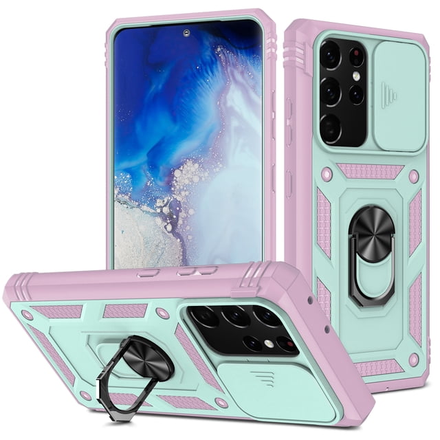 Dteck Samsung Galaxy S21 Case, Slide Camera Lens Protector Cover Magnetic Ring Holder Kickstand Rugged Shockproof Case for Samsung Galaxy S21, Green/Pink