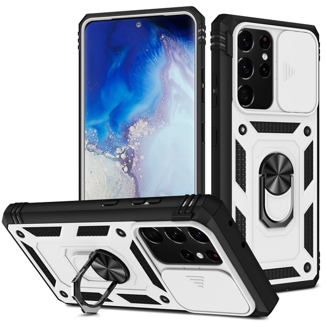 Dteck Samsung Galaxy S21 Case, Slide Camera Lens Protector Cover Magnetic Ring Holder Kickstand Rugged Shockproof Case for Samsung Galaxy S21, White/Black