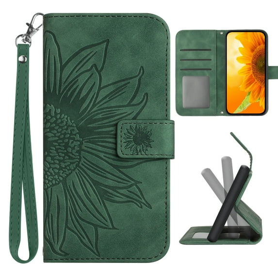 Dteck for Samsung Galaxy S21 Case Wallet for Women Men Durable Embossed PU Leather Magnetic Folio Flip Stand Wrist Strap Card Holder Shockproof Phone Case,Green