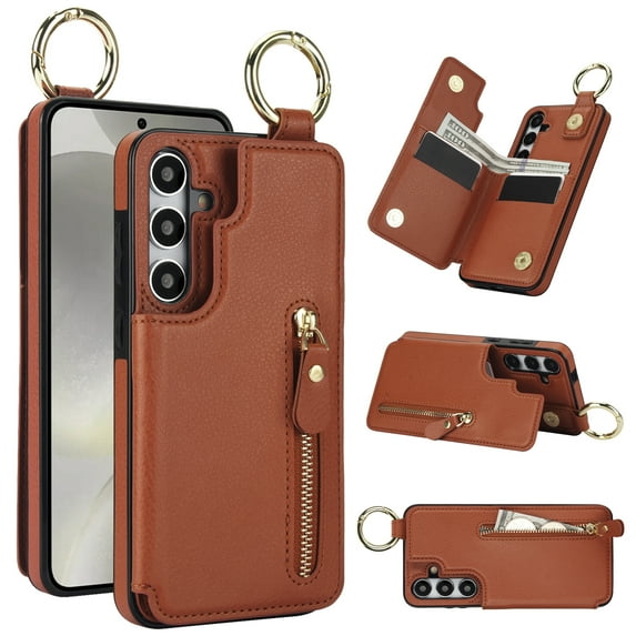 Dteck for Samsung Galaxy S21 FE Case Wallet with Card Holder, PU Leather Zipper Pocket Card Slots Front Cover Flip Kickstand Shockproof Phone Case for Galaxy S21 FE 5G,Brown