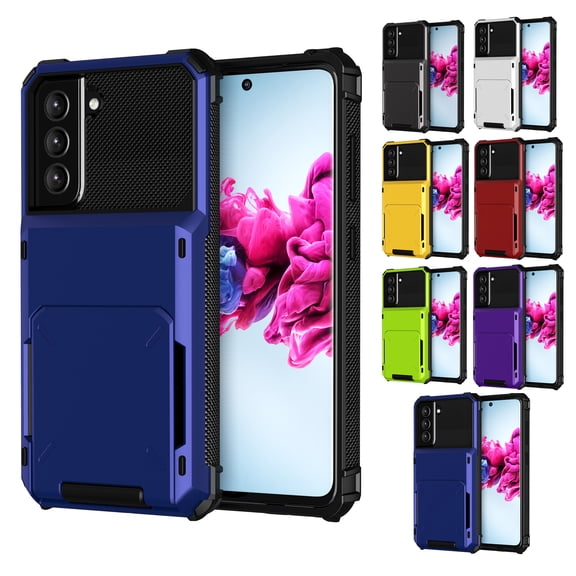 Dteck Samsung Galaxy S21 FE Rugged Case, Wallet Hidden ID Slot Credit Card Holder Heavy Duty Dual Layer Protective Shell Solid Case for Samsung Galaxy S21 FE - Blue