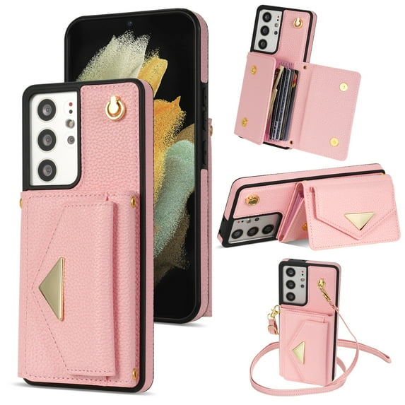 Dteck for Samsung Galaxy S21 FE Wallet Case with Crossbody Lanyard, PU Leather Card Holder Purse Shockproof Phone Cover for Samsung Galaxy S21 FE,Pink