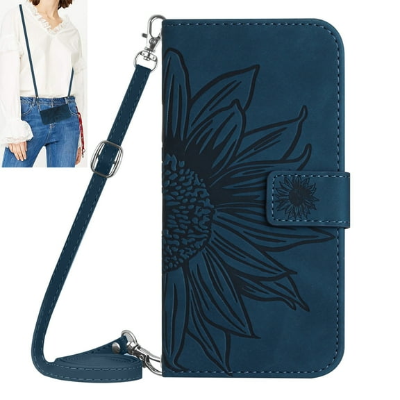 Dteck for Samsung Galaxy S21 Plus Case, Crossbody Wallet Phone Case Embossed Flower PU Leather with Card Holder, Magnetic Closure Flip Folio Case with Lanyard,Ink Blue