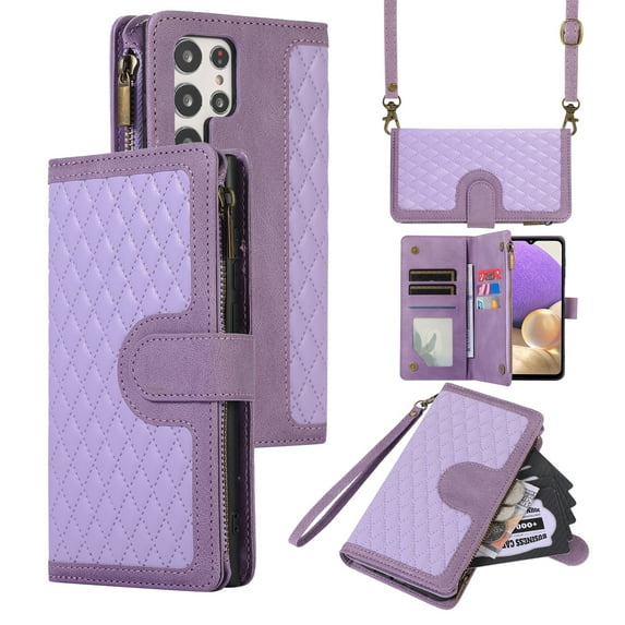Dteck for Samsung Galaxy S21 Ultra Case, Samsung S21 Ultra Wallet Case with 9 Card Slots, PU Leather Magnetic Flip Zipper Purse Wristlet Strap Crossbody Lanyard Kickstand Phone Case,Purple
