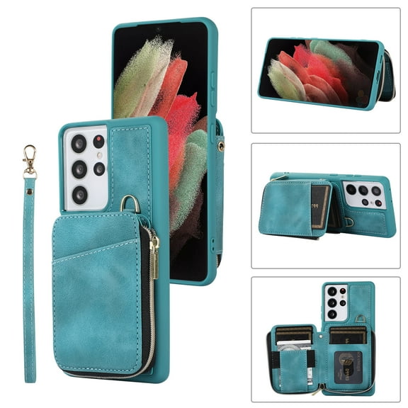 Dteck for Samsung Galaxy S21 Ultra Zipper Wallet Case, Magnetic Clasp Zipper Purse PU Leather Wallet Case with Credit Card Slot Holder Back Flip Cover, green