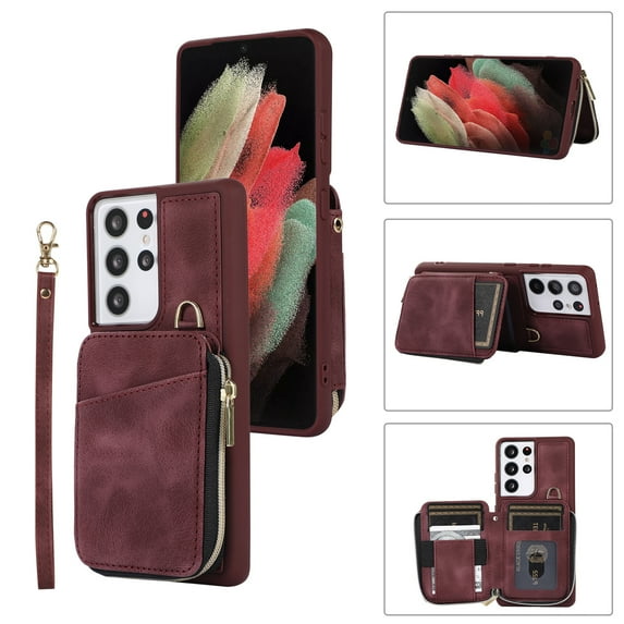 Dteck for Samsung Galaxy S21 Ultra Zipper Wallet Case, Magnetic Clasp Zipper Purse PU Leather Wallet Case with Credit Card Slot Holder Back Flip Cover, winered