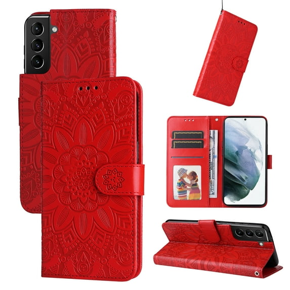 Dteck for Samsung Galaxy S22 5G Case with Card Holder,Embossed Flower Pattern Magnetic Leather Flip Kickstand Case Wallet Protective Cover For Samsung Galaxy S22,Red