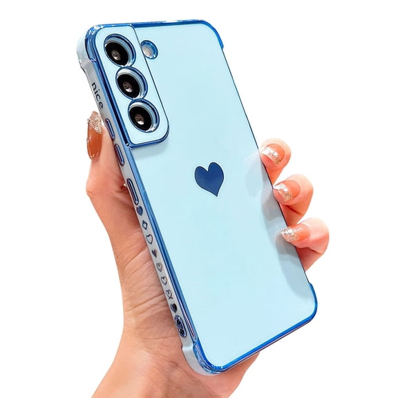 Dteck for Samsung Galaxy S22 5G Case, Shockproof Cute Luxury Love Heart Plating Phone Case Full Camera Protection Raised Reinforced Corners Cover, Blue