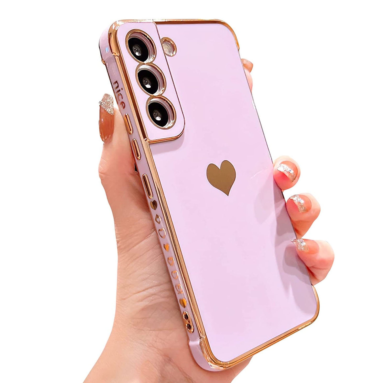 Dteck for Samsung Galaxy S22 5G Case, Shockproof Cute Luxury Love Heart Plating Phone Case Full Camera Protection Raised Reinforced Corners Cover, Purple