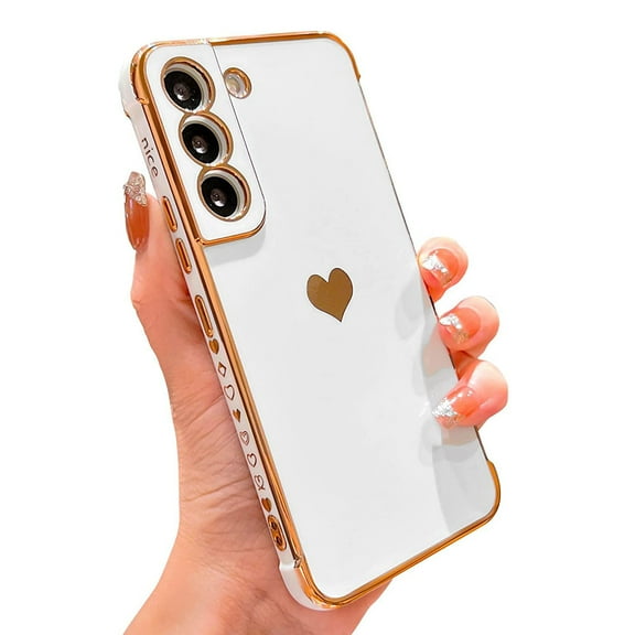 Dteck for Samsung Galaxy S22 5G Case, Shockproof Cute Luxury Love Heart Plating Phone Case Full Camera Protection Raised Reinforced Corners Cover, White