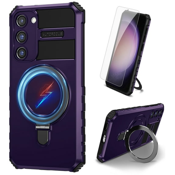 Dteck for Samsung Galaxy S22 Case with Magnetic Invisible Stand, Compatible with MagSafe, Glass Screen Protector + Camera Protector Shockproof Rugged Case Cover for Samsung Galaxy S22,Purple