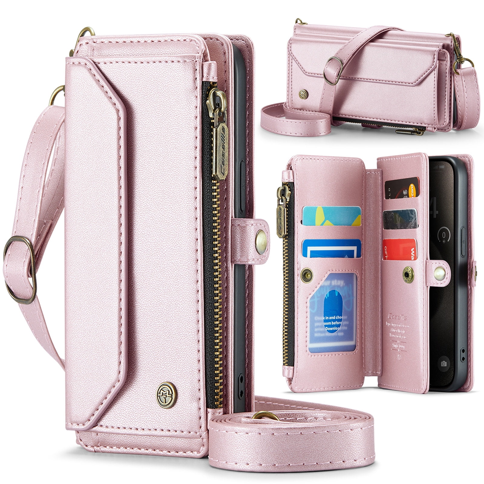 Dteck for Samsung Galaxy S22 Case with RFID Blocking Wallet Case for Women Men, Shockproof PU Leather Magnetic Flip Strap Zipper Card Holder Phone Case,Pink