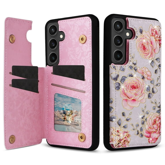 Dteck for Samsung Galaxy S22 Case Wallet with Card Holder, Floral Flower Pattern Back Flip RFID Blocking PU Leather Kickstand Case for Women Girls, Double Magnetic Clasp Shockproof Cover,Rose