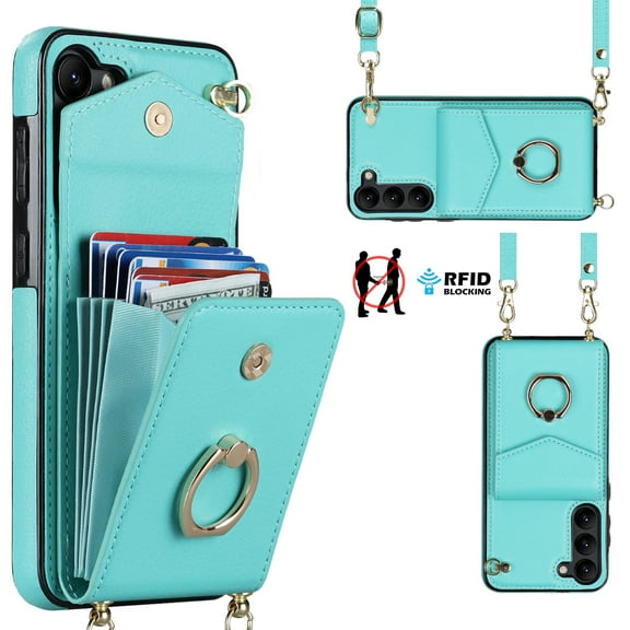 Dteck for Samsung Galaxy S22 Case Wallet with RFID Blocking Card Holder Slots Metal Ring Holder PU Leather Shockproof Protective Cover with Wrist Strap Shoulder Strap for Samsung S22 5G,Mint
