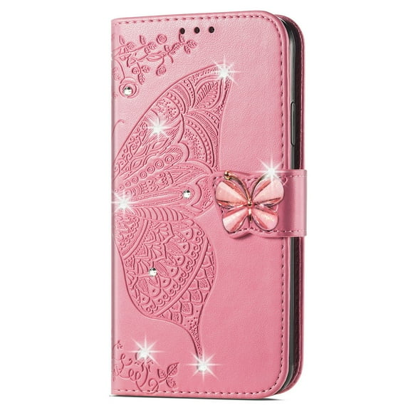 Dteck for Samsung Galaxy S22 Case Wallet for Women, Flip Folio Cover with Butterfly Embossed Diamond PU Leathe Stand Card Holder Protective Case with Wrist Strap,Pink