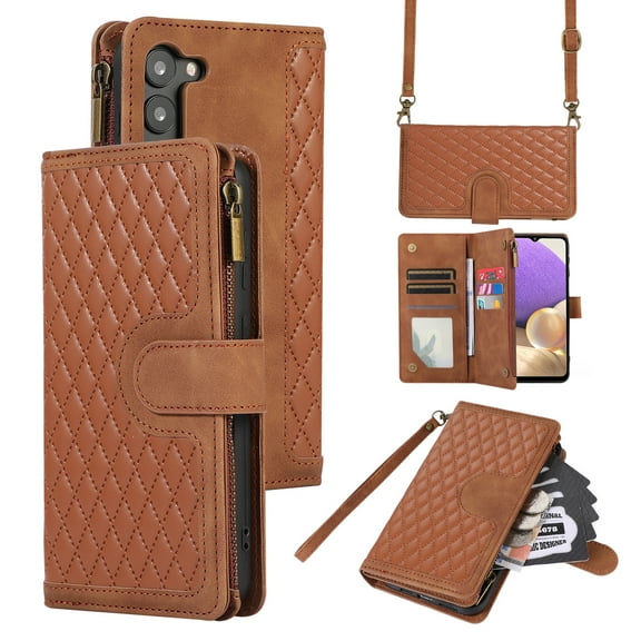 Dteck for Samsung Galaxy S22+ Plus Case 6.6 Inch, Samsung S22 Plus Wallet Case with 9 Card Slots, PU Leather Magnetic Flip Zipper Purse Wristlet Strap Crossbody Lanyard Kickstand Phone Case,Brown
