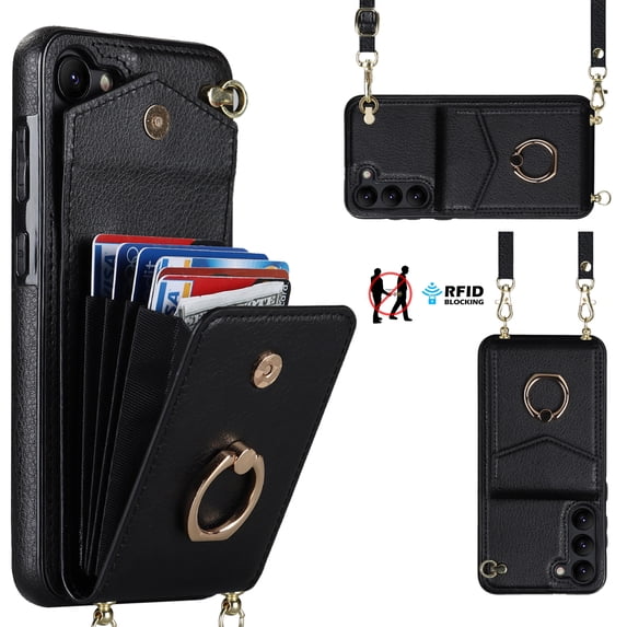 Dteck for Samsung Galaxy S22+ Plus Case Wallet with RFID Blocking Card Holder Slots Metal Ring Holder PU Leather Shockproof Protective Cover with Wrist Strap Shoulder Strap for Samsung S22 Plus,Black