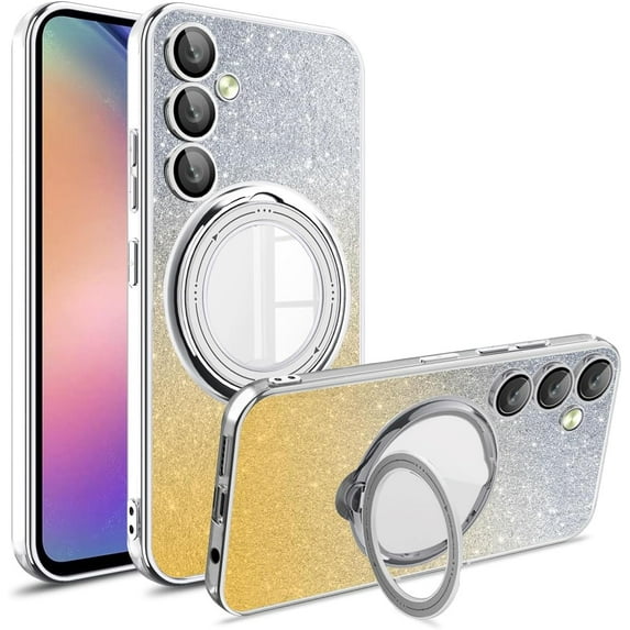 Dteck for Samsung Galaxy S22 Plus Ring Stand Cover, Shockproof Glitter Magnetic Plating Bling Clear Case with Camera Lens Protection Slim Anti-Scratch Sparkle Case for Women Girls, silver