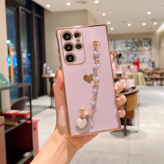 Dteck for Samsung Galaxy S22 Ultra 6.8" 2022 Case, Soft TPU Solid Color Case with Heart Bracelet Handle Strap Shockproof Protective Case for S22 Ultra Ladies Girls Women, Purple