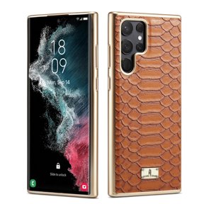 Dteck for Samsung Galaxy S22 Ultra 6.8 inch 2022 Case, Premium PU and TPU Python Plating Back Cover All-Round Protection Shockproof Protective Case for S22 Ultra Ladies Women Men, Brown