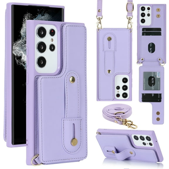 Dteck Samsung Galaxy S22 Ultra Case 6.8 inch Wallet with RFID Blocking Card Slots, Crossbody Leather Detachable Shoulder Strap Flip Case with Magnetic Clasp and Kickstand for Men Women,Purple