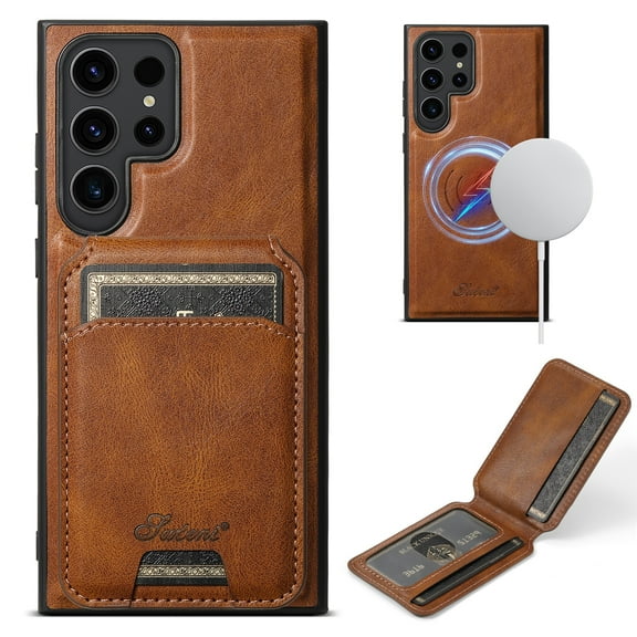 Dteck for Samsung Galaxy S22 Ultra Case Magnetic with Detachable Card Wallet, 2 in 1 Removable Back Cover Compatible with MagSafe, Card Holder Flip Stand Pocket Slim Case 6.8",Brown