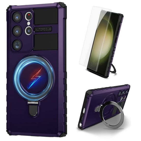 Dteck for Samsung Galaxy S22 Ultra Case with Magnetic Invisible Stand, Compatible with MagSafe,Glass Screen Protector + Camera Protector Shockproof Rugged Case for Samsung Galaxy S22 Ultra,Purple