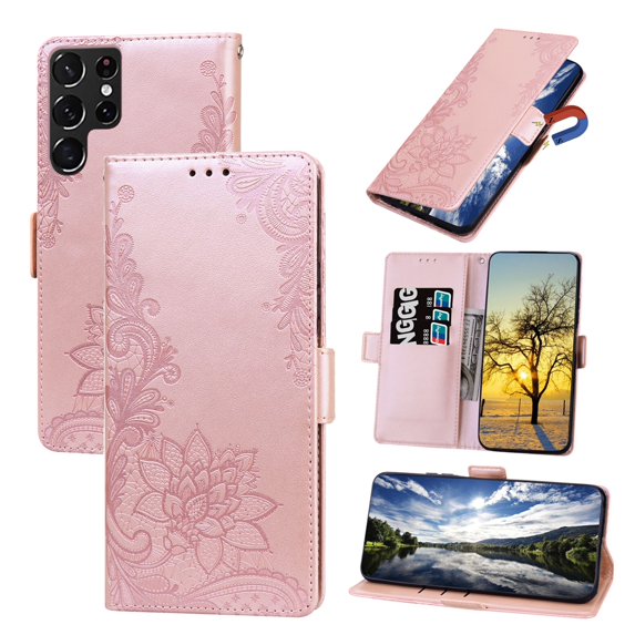 Dteck for Samsung Galaxy S22 Ultra Case, PU Leather Embossed Lace Flip Wallet Case with 3 Cart Slots and Kickstand Shockproof Protective Case for Samsung Galaxy S22 Ultra 6.8" 2022 Women Men, Rosegold