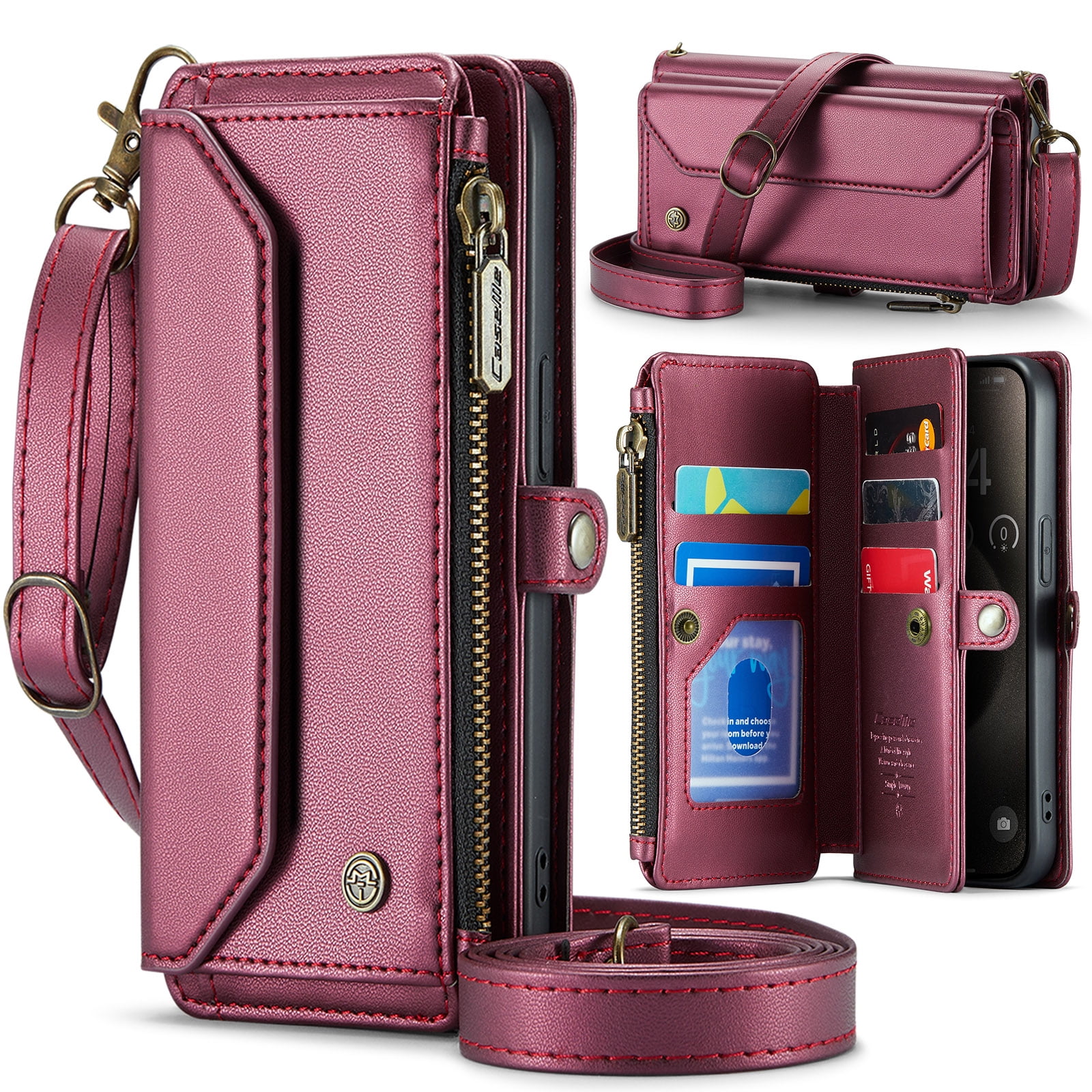 Dteck for Samsung Galaxy S22 Ultra Case with RFID Blocking Wallet Case for Women Men, Shockproof PU Leather Magnetic Flip Strap Zipper Card Holder Phone Case,Winered