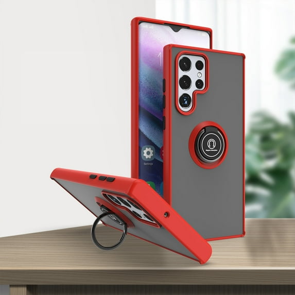 Dteck Samsung Galaxy S22 Ultra Case, Shockproof Ring Holder Kickstand Case Support Magnetic Car Mount Heavy Duty Military Grade Drop Cover, Red