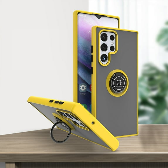Dteck Samsung Galaxy S22 Ultra Case, Shockproof Ring Holder Kickstand Case Support Magnetic Car Mount Heavy Duty Military Grade Drop Cover, Yellow