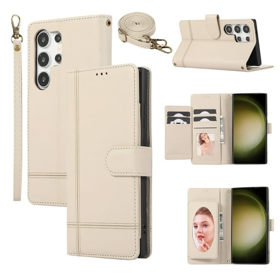 Dteck for Samsung Galaxy S22 Ultra Case with Shoulder/Wrist Strap,Magnetic Leather Case Card Slots Wallet with Mirror Shockproof TPU Kickstand Cover for Galaxy S22 Ultra,Beige