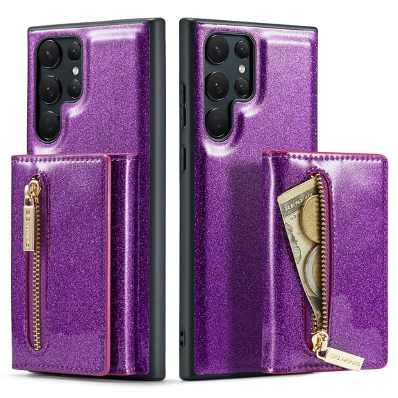 Dteck Samsung Galaxy S22 Ultra Case Wallet for Women Glitter PU Leather S22 Ultra Case with Magnetic Detachable Card Holder Wallet with Zipper Pocket Kickstand Shockproof Cover,Purple