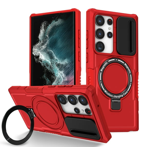 Dteck for Samsung Galaxy S22 Ultra Heavy Duty Case, Shockproof with Slide Lens Cover & Kickstand Military Grade Protection Full Body Rugged Built-in Rotate Ring Stand Phone Case, red