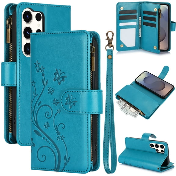 Dteck for Samsung Galaxy S22 Ultra Wallet Case, Embossed Butterfly PU Leather Phone Case Women Men Flip Cover Wrist Strap Zipper Credit Card Holder Slots for Samsung S22 Ultra 5G,Blue