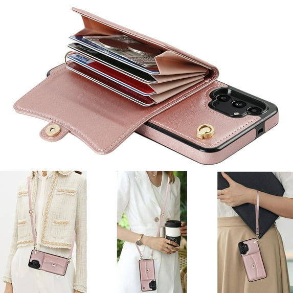 Dteck for Samsung Galaxy S22 Ultra Wallet Case, PU Leather Case with Card Holder Crossbody Lanyard Wrist Strap, RFID Blocking Protective Case for Samsung Galaxy S22 Ultra 5G,Rosegold