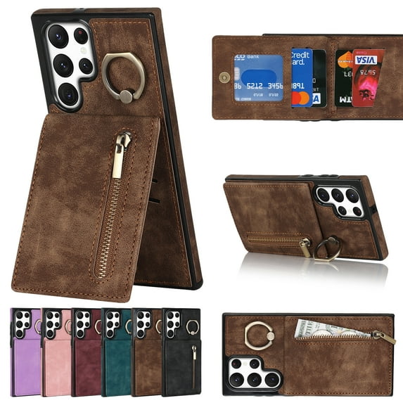 Dteck for Samsung Galaxy S22 UltraCase with Card Holder,RFID Blocking PU Leather Wallet Galaxy S22 Ultra Case with Ring Kickstand, Magnetic Back Flip Case for Samsung Galaxy S22 Ultra,Brown