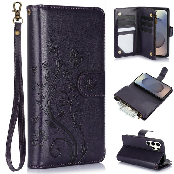 Dteck for Samsung Galaxy S22 Wallet Case, Embossed Butterfly PU Leather Phone Case Women Men Flip Cover Wrist Strap Zipper Credit Card Holder Slots for Samsung Galaxy S22,Dark Purple