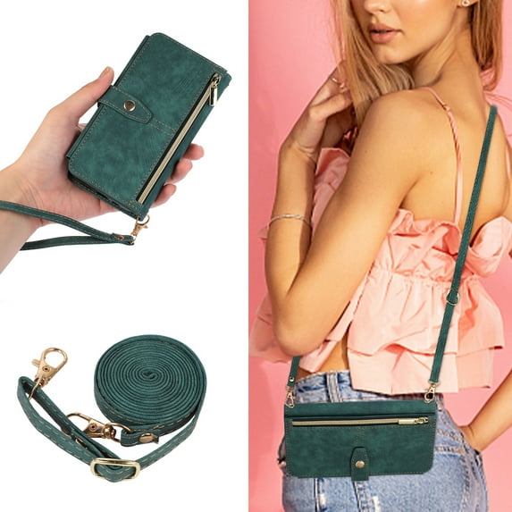 Dteck for Samsung Galaxy S22 Wallet Case, Magnetic 9 Card Slots Removable Adjustable Crossbody Lanyard Shoulder Strap Wristlet Zipper PU Leather Folio Case,Green