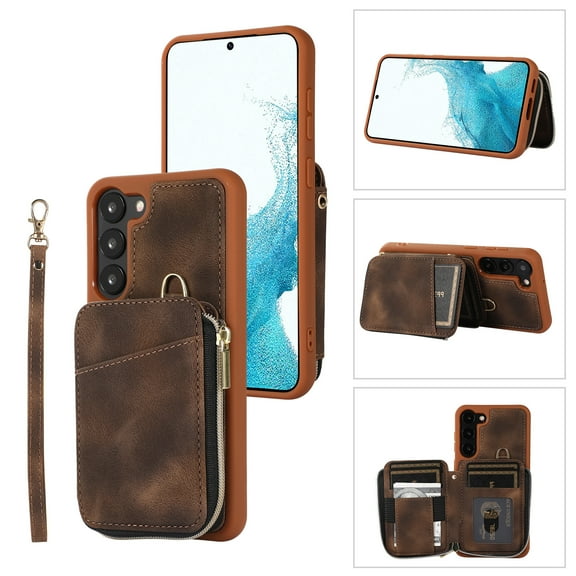 Dteck for Samsung Galaxy S22 Zipper Wallet Case, Magnetic Clasp Zipper Purse PU Leather Wallet Case with Credit Card Slot Holder Back Flip Cover, brown