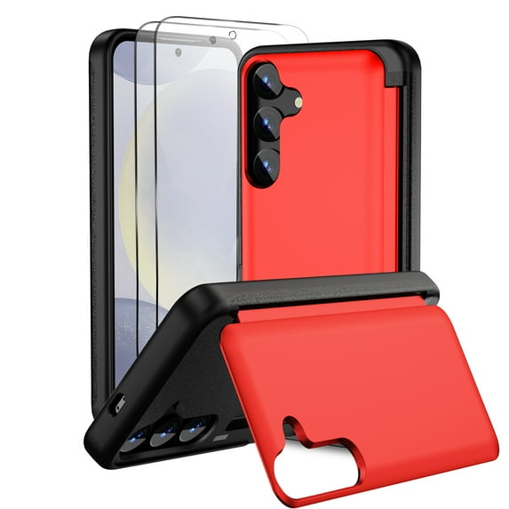 Dteck for Samsung Galaxy S23 Case with 2 Pack Screen Protector, Military Grade Shockproof Full Body Protection Phone Case with Card Holder Flip Kickstand for Samsung S23,Red