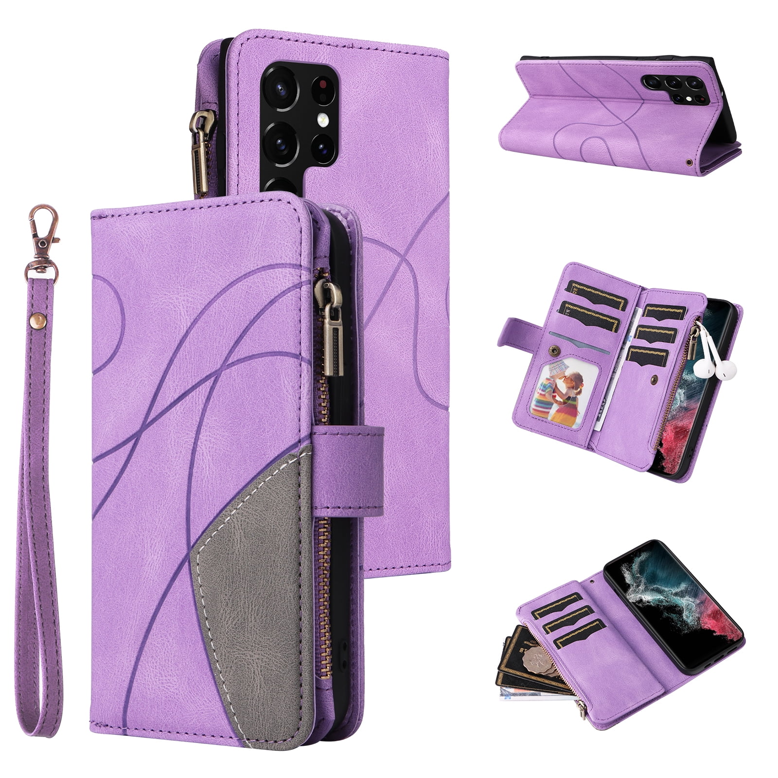 Dteck for Samsung Galaxy S23 Case 2023 6.1 Inch Wallet with 9 Card Slots, Zipper Pocket PU Leather Folio Flip Phone Case with Wristlet Strap for Samsung Galaxy S23 5G,Purple