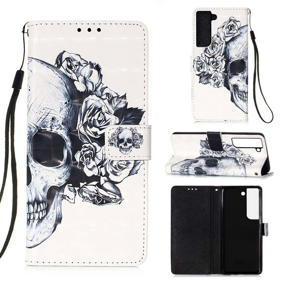 Dteck Samsung Galaxy S23 Case 3D PU Leather Wallet Flip Protective Phone Case with Wrist Strap Card Slots Holder Pocket Cover for Samsung Galaxy S23, Skull