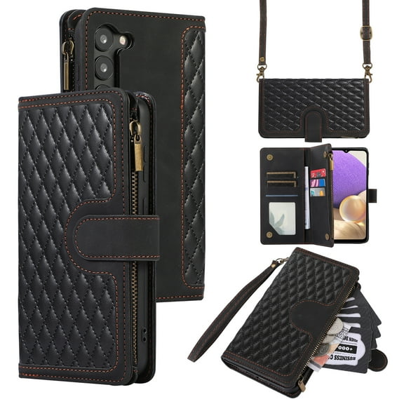 Dteck for Samsung Galaxy S23 Case 6.1 Inch, Samsung S23 Wallet Case with 9 Card Slots, PU Leather Magnetic Flip Zipper Purse Wristlet Strap Crossbody Lanyard Kickstand Phone Case,Black