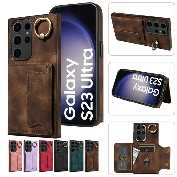 Dteck for Samsung Galaxy S23 Case with Card Holder, Retro PU Leather Wallet Case with Rotating Ring Kickstand, Slim Back Protective Cover Case for Samsung Galaxy S23,Brown