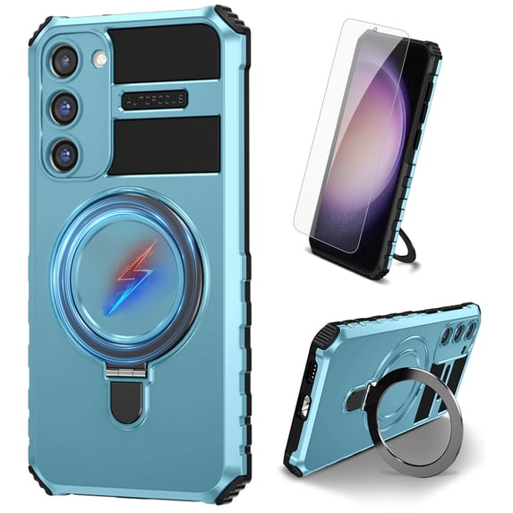 Dteck for Samsung Galaxy S23 Case with Magnetic Invisible Stand, Compatible with MagSafe, Glass Screen Protector + Camera Protector Shockproof Rugged Case Cover for Samsung Galaxy S23,Blue