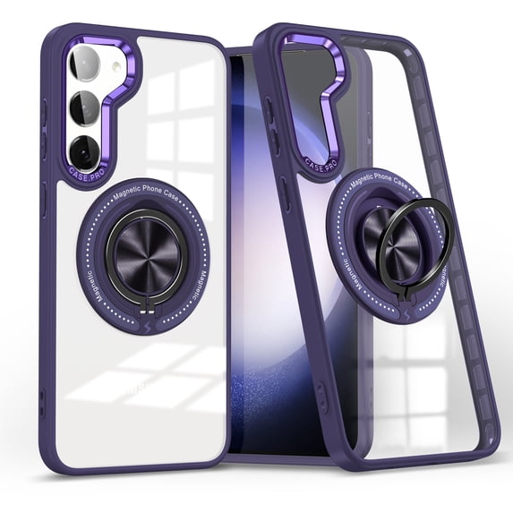 Dteck for Samsung Galaxy S23 Case, Slim TPU Bumper Built in 360° Rotating Ring Kickstand Case Military Drop Protection Magnetic Mag Safe PC Clear Back Cover for Galaxy S23,Purple