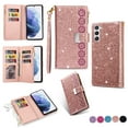 thumbnail image 1 of Dteck Samsung Galaxy S23 Case Wallet,Bling Glitter Folio Flip PU Leather Zipper Pocket Magnetic Clasp Folding Stand Full Body Sparkle Purse Phone Case with 9 Card Holder&Strap, Rosegold, 1 of 10