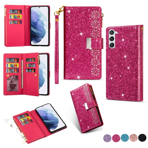 Dteck Samsung Galaxy S23 Case Wallet,Bling Glitter Folio Flip PU Leather Zipper Pocket Magnetic Clasp Folding Stand Full Body Sparkle Purse Phone Case with 9 Card Holder&Strap, Rose