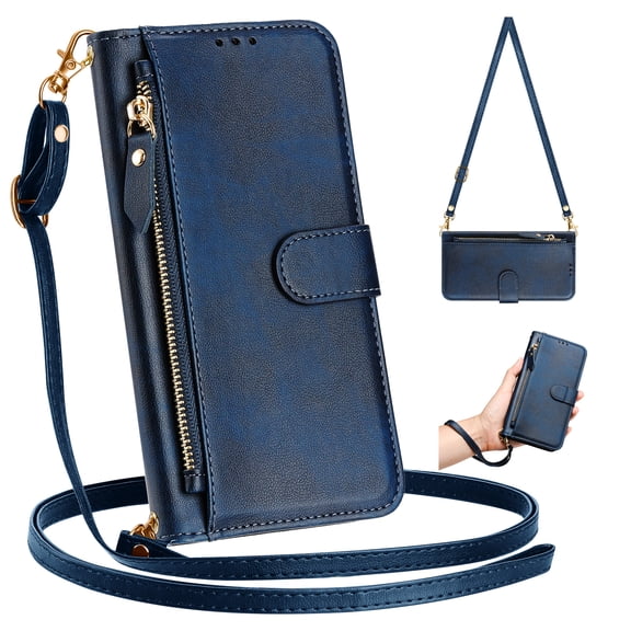 Dteck for Samsung Galaxy S23 Case for Women, Crossbody Wallet Phone Case with Card Holder, PU Leather Magnetic Closure Flip Zipper Strap Wallet Phone Case,Blue